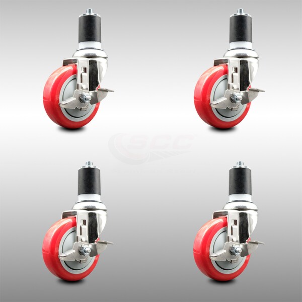 Service Caster 4 Inch 316SS Red Poly Swivel 1-3/4 Inch Expanding Stem Caster Set Brake SCC SCC-SS316EX20S414-PPUB-RED-TLB-134-4 - main